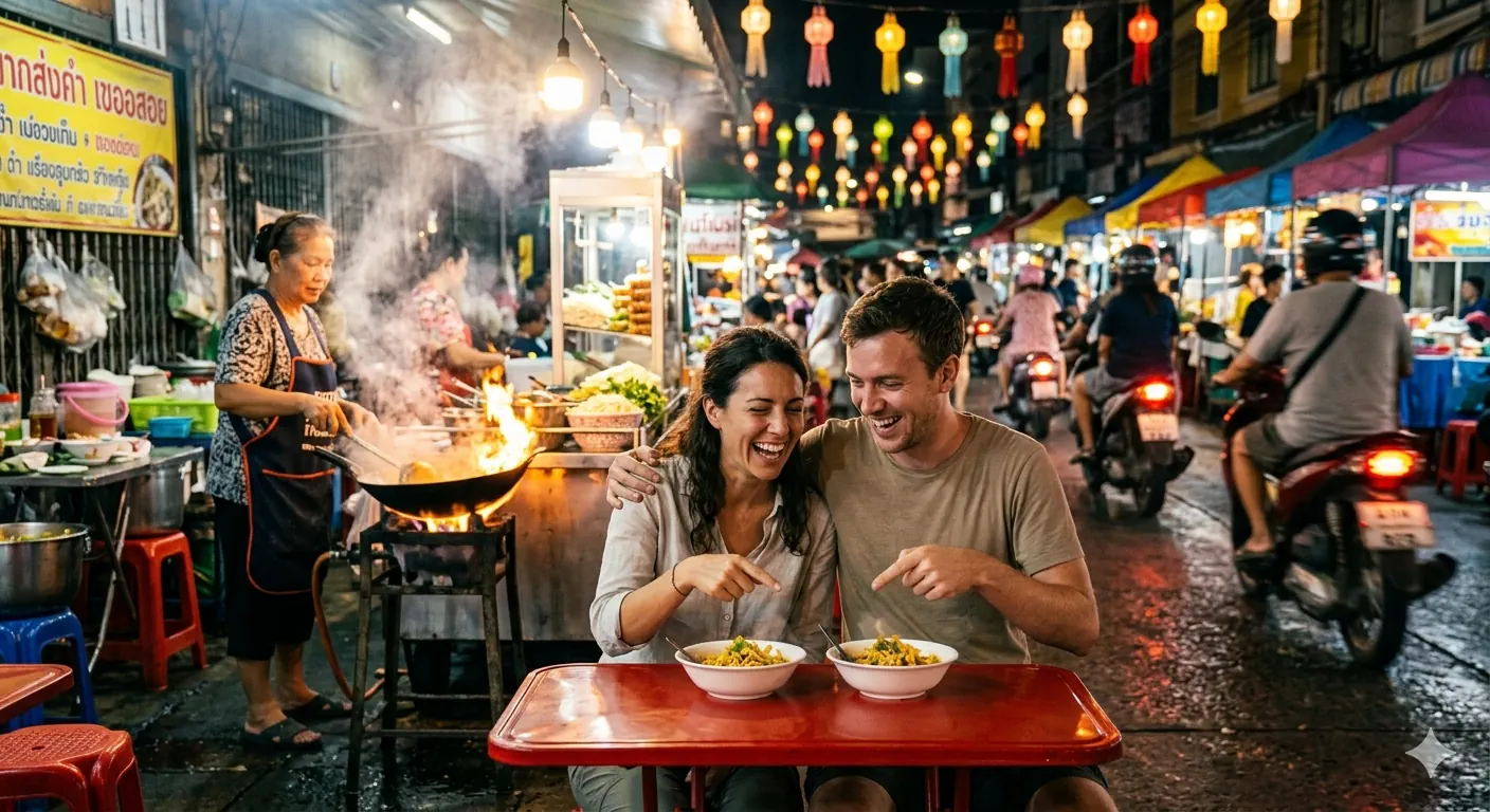 Sam and Jane laughing at a Thai street food stall in Chiang Mai's night market