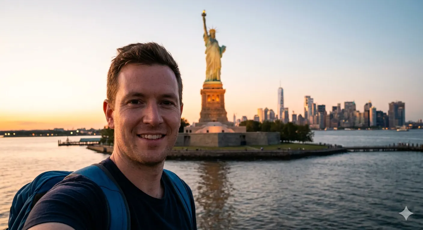 James taking a selfie at the Statue of Liberty with the harbour and Manhattan skyline behind him in golden evening light
