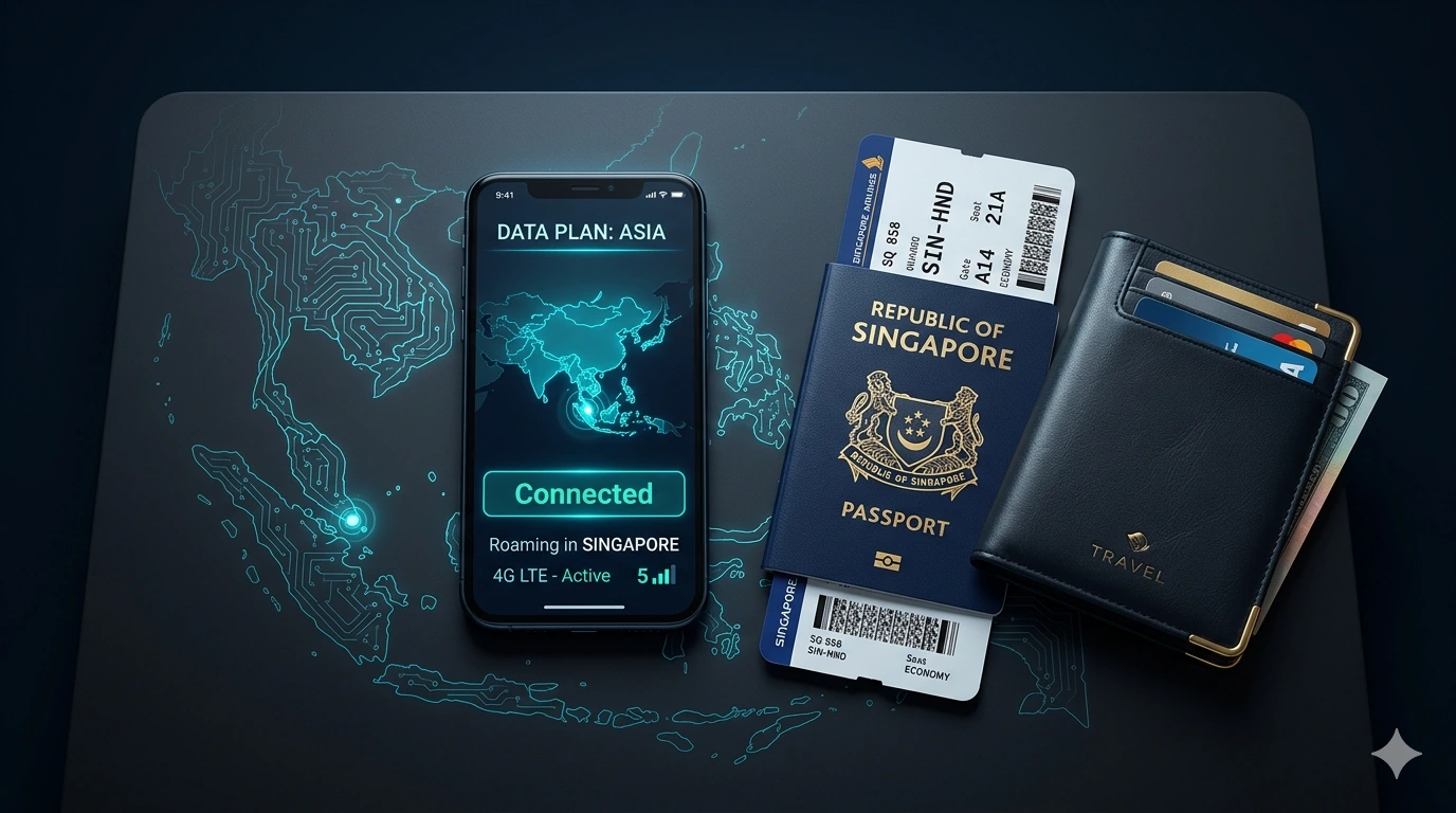 A smartphone showing an Asia data plan connected and roaming in Singapore, beside a passport and travel wallet on a desk with a cyan map of Asia