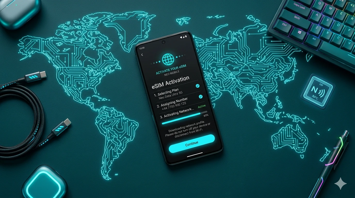 A smartphone showing an eSIM Activation screen on a desk over a glowing cyan circuit-board world map
