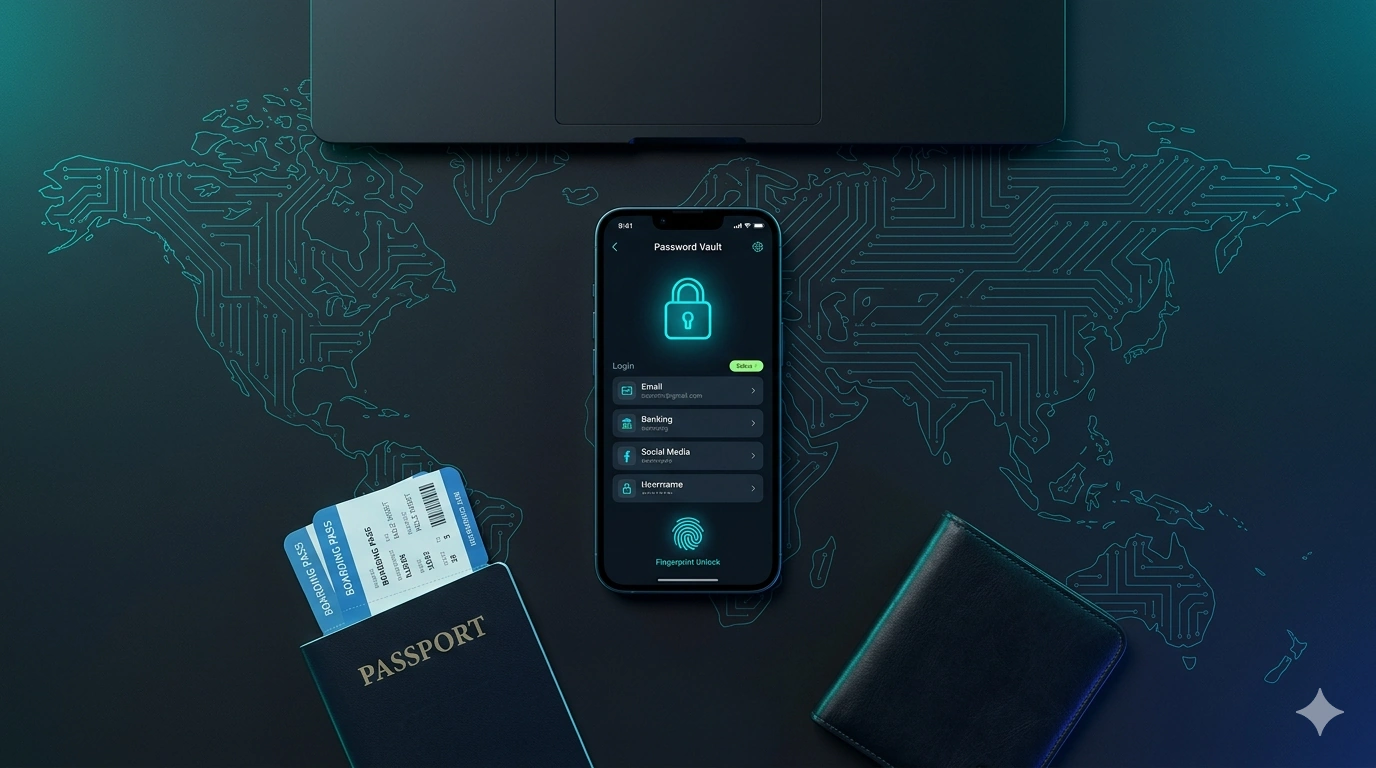 A smartphone showing a secure password vault app beside a passport and boarding pass on a desk with a glowing cyan world-map background